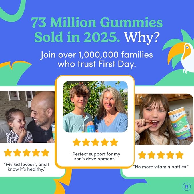 FIRST DAY Kids Multivitamin Gummies Age 4+ Strawberry &amp Orange - Kids Vitamins Multivitamin Gummy A C D3 K2 B1 B2 B6 B12 Folate Immunity &amp Brain Function Vegan - 60 Day Supply Packaging Ma
