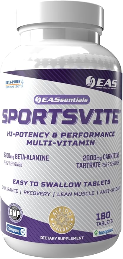 EAS SportsVite High Potency Multivitamin for Athletes | Vitamin &amp Mineral Nutrient Blend | 2300mg Beta Alanine 2000mg Carnitine Tartrate | 180 Tablets