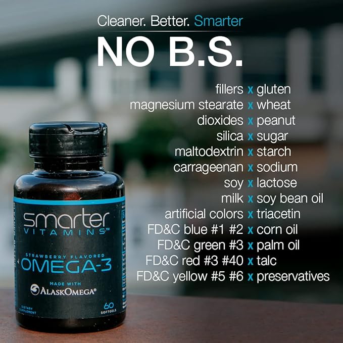 (3 Pack) Smarter Omega 3 Fish Oil Berry Flavor Burpless Tasteless 2000mg DHA EPA Triple Strength Brain Made with AlaskOmega®