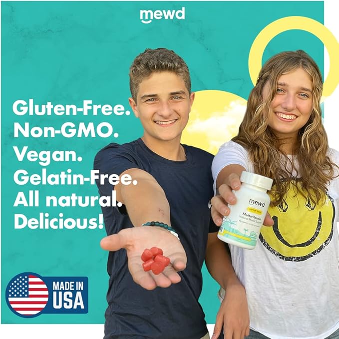 MEWD Teen/Kids Daily Multivitamin Gummy with Natural Mood Enhancer Vegan Immune Booster Iron &amp Zinc Supplement Gluten-Free Focus Vitamin for Brain Health – Made in USA