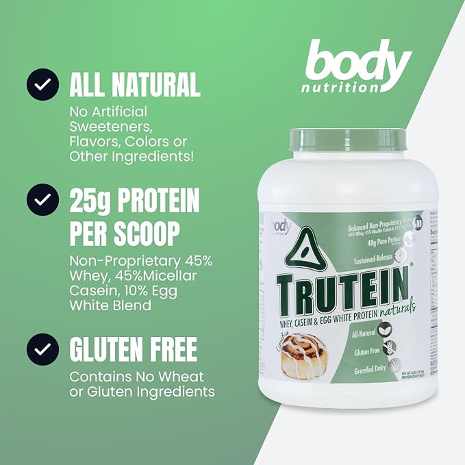 Body Nutrition Trutein Naturals Whey Casein &amp Egg White Protein Powder Without Artificial Sweeteners Gluten-Free Keto Protein Powder Post-Workout Meal Replacement Shake Cinnabun 4 lb