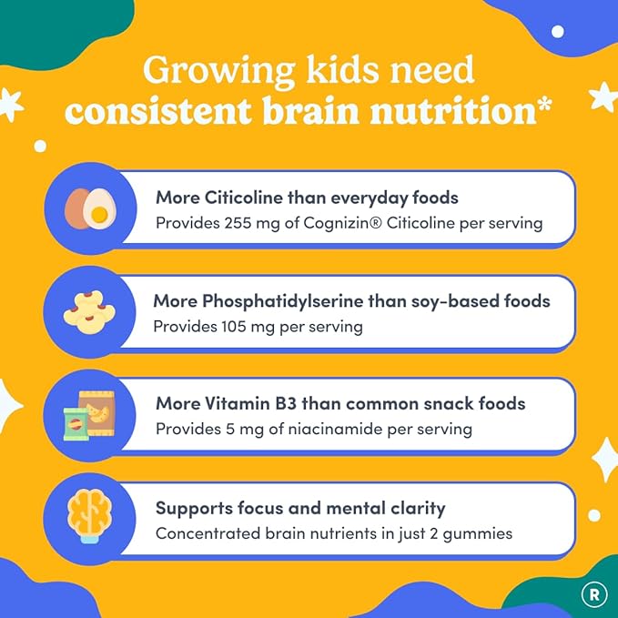 FIRST DAY Kids Focus &amp Brain Supplement Gummies Ages 4+ | Attention &amp Calm Support with Cognizin® Citicoline &amp Phosphatidylserine | Organic Vegan | 30-Day Supply