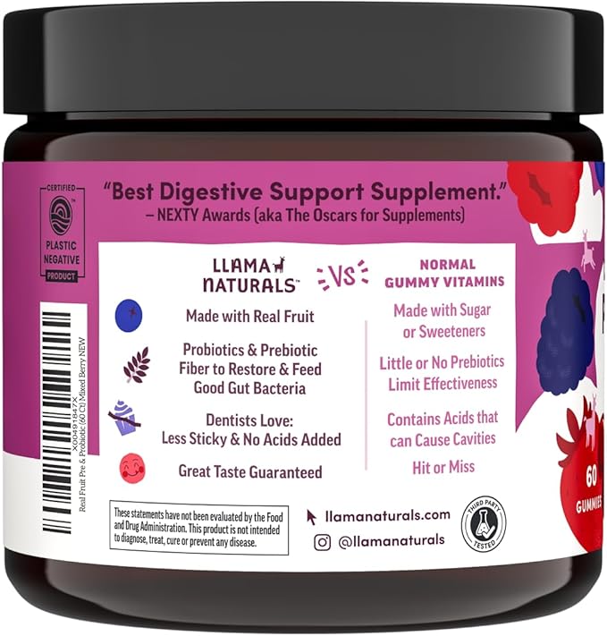 Llama Naturals Kids Pre &amp Probiotic Gummies + Adult Pre &amp Probiotics Bundle | No Added Sugar Cane | Vegan | Organic | Mixed Berry Flavor | 2 Bottles
