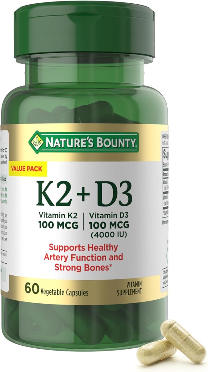 Nature’s Bounty Vitamin D3 K2 Supplement 4000 IU Vitamin D3 plus 100 mcg of Vitamin K Supplements for Adults for Heart &amp Bone Health Support 60 Day Supply 60 Vegetarian Capsules