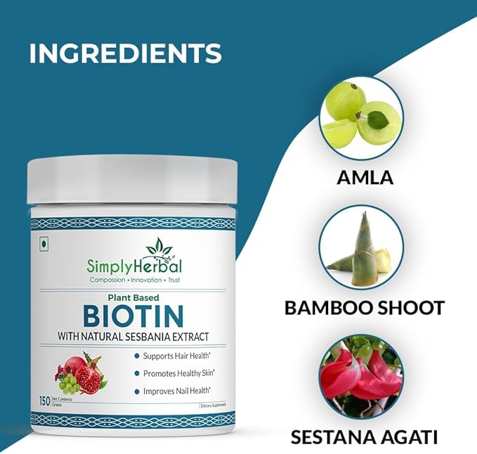 Natural Biotin Powder Vitamin B7 Supplement with Sesbania Agati Keratin Bamboo Shoot Extract Pomegranate and Amla for Stronger Shiner Hair &amp Healthier Skin for Men &amp Women – 150 gm