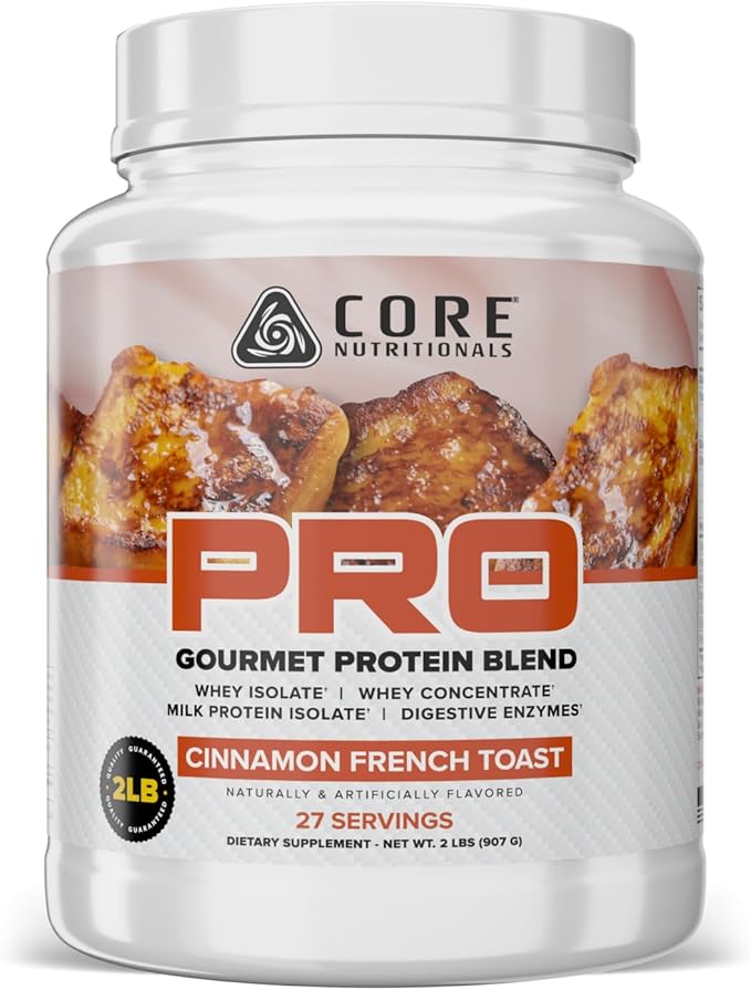 Core Nutritionals PRO Gourmet Protein Blend | Whey Protein Blend | with MCTs &amp Digestive Enzymes | Sustained Release Protein &amp Recovery Support | 27 Servings (Cinnamon French Toast)