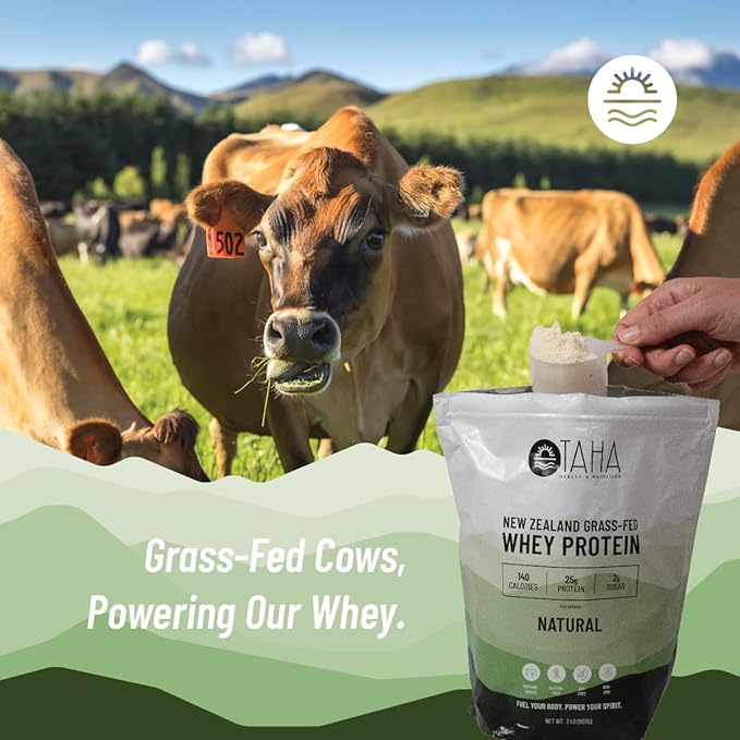 Taha Health &amp Nutrition Natural Unflavored Whey Protein Concentrate Powder 25g Protein 140 Calories 2g Sugar | New Zealand Grass-Fed Free-Range Dairy | Gluten and Soy Free Keto Kosher | 2LB