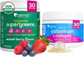Zena Nutrition Organic Supergreens Greens Powder 70+ Superfoods Mixed Berry 30 Servings + Bovine Colostrum &amp Collagen Powder Supplement Supports Immunity Digestion Hair Beauty