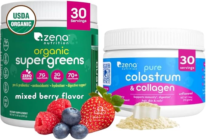 Zena Nutrition Organic Supergreens Greens Powder 70+ Superfoods Mixed Berry 30 Servings + Bovine Colostrum &amp Collagen Powder Supplement Supports Immunity Digestion Hair Beauty