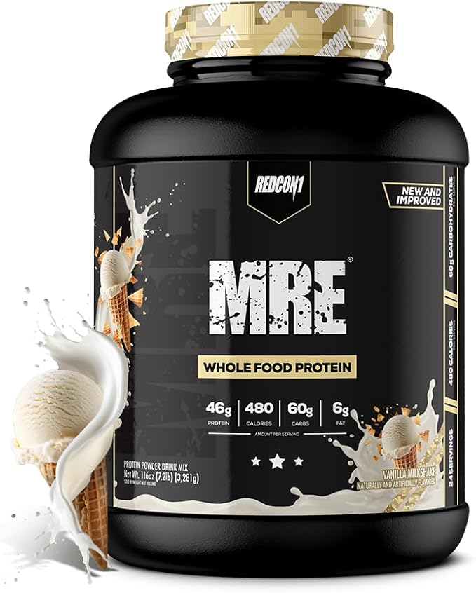 REDCON1 MRE Protein Powder Vanilla Milkshake - Meal Replacement Protein Blend Made with MCT Oil &amp Whole Foods - Protein with Natural Ingredients to Aid in Muscle Recovery (25 Servings)