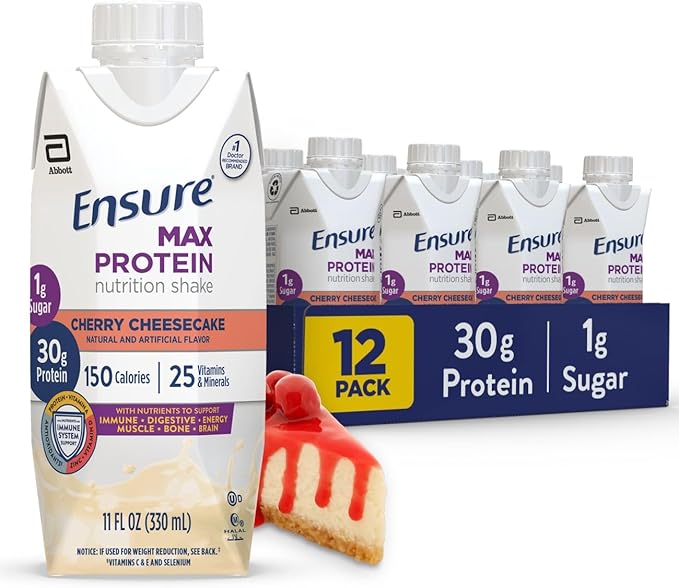Ensure Max Protein Nutrition Shakes 30g Protein 1g Sugar 25 Vitamins &amp Minerals 7 Flavors including Cherry Cheesecake &amp Creamy Peach Pack of 12
