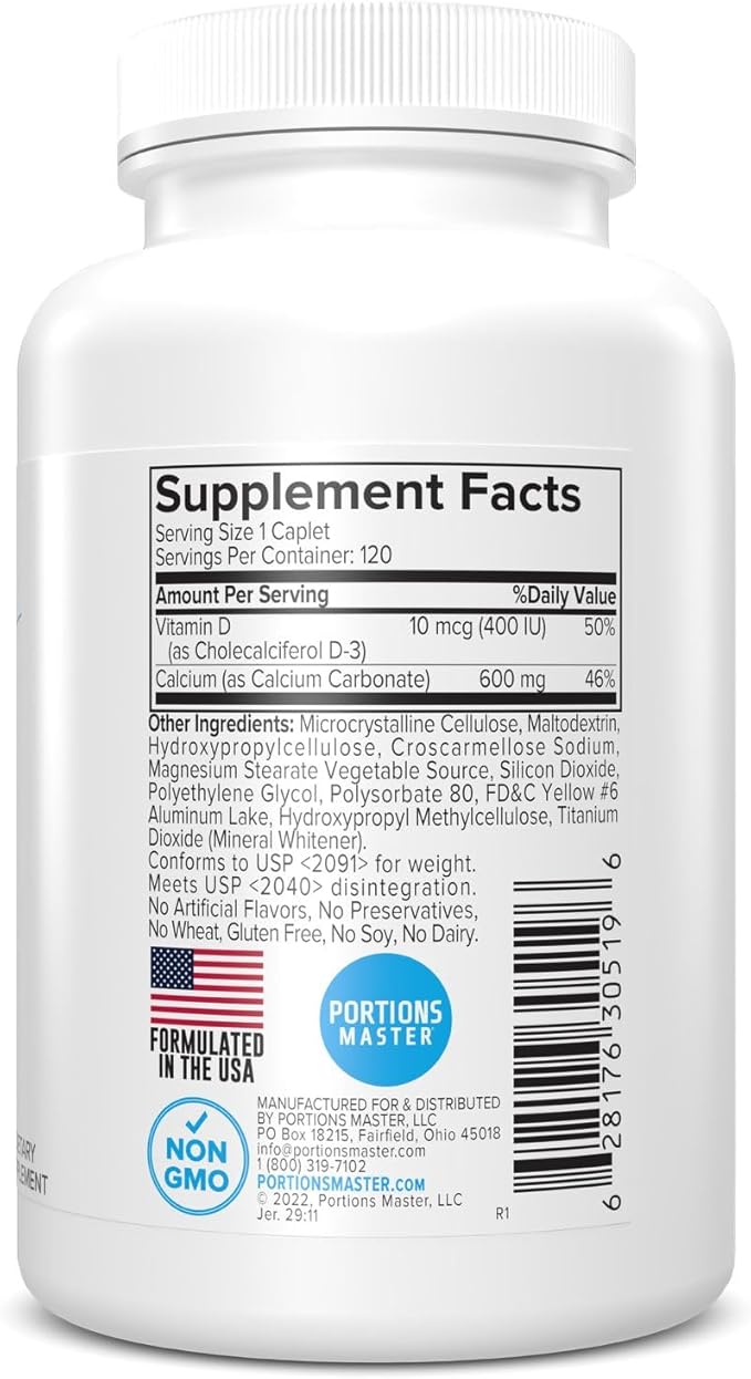 Portions Master Calcium Mineral Bone Support High Absorption Calcium with Vitamin D3 &amp MagnesiumSupports Strong Bones Teeth &amp Joint Health Non-GMO Gluten-Free (120 Vegetarian Capsules)