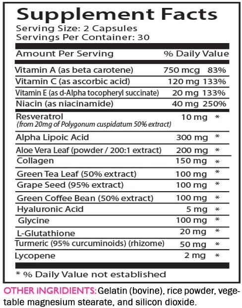 Alpha Lipoic Acid - Anti-Wrinkle Complex - L-Glutathione Aloe Vera Collagen Support Green Coffee Bean Lycopene Turmeric Grape Seed Hydration Boost Skin Firming Smooth Texture 3Bot 180Caps