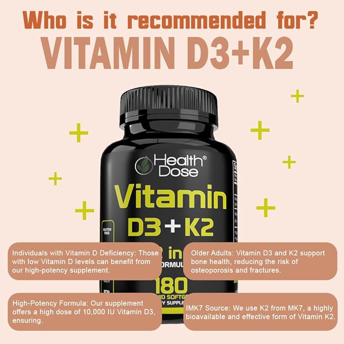 Health Dose Vitamin D3 10000 IU + K2 (MK7) Supplement 2-in-1 Formula Immune Support a Healthy Mood Heart Joint Teeth Bone Health Calcium Absorption 180 softgels. (2)