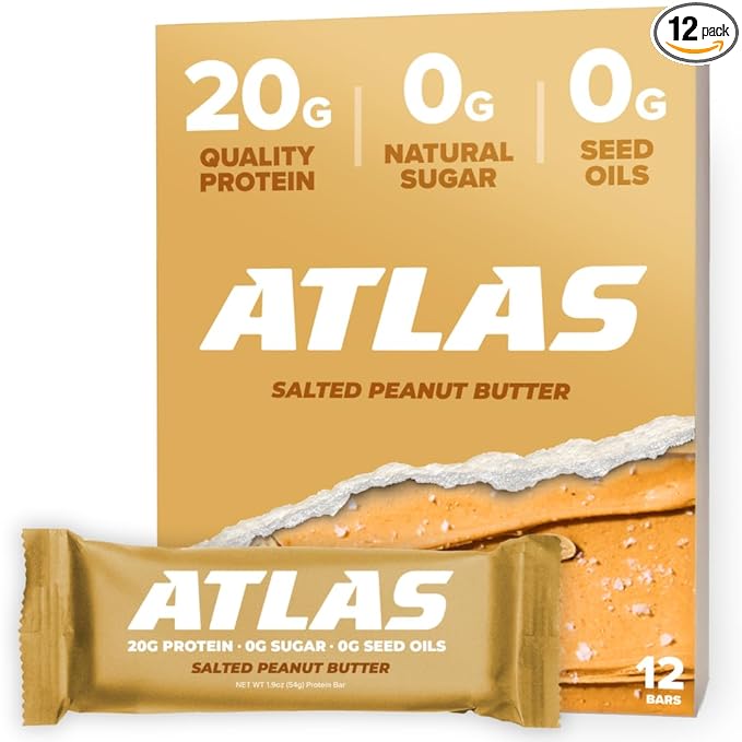 Atlas Real Food Protein Bar – 20g Clean Protein 0g Sugar No Seed Oils No Artificial Sweeteners (Salted Peanut Butter 12 Count)