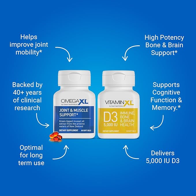 OmegaXL Joint Support Supplement - 60 Softgels &amp VitaminXL D3 High Potency Daily Vitamin D 5000 IU 125mcg Immune Support Supplement (30 Softgels) - 2 Pack