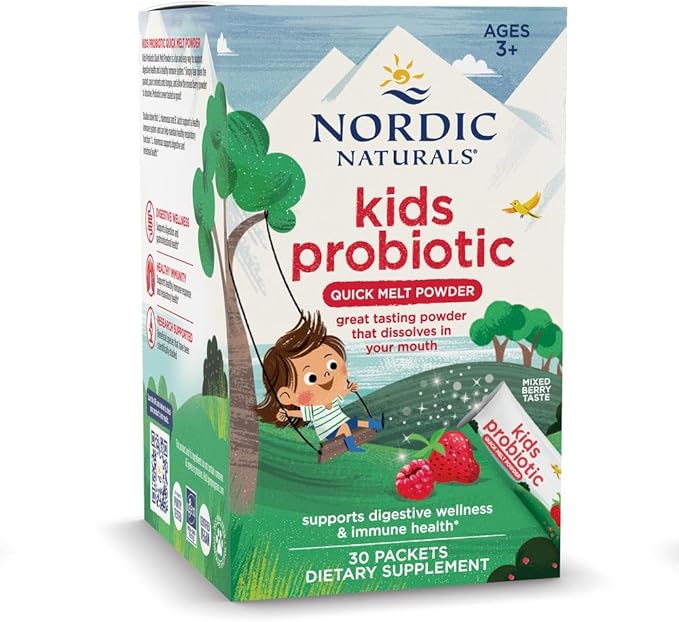 Nordic Naturals Kids Probiotic Quick Melt Powder Mixed Berry - 30 Packets - 3 Billion CFU - Digestive Wellness Immune Support - Non-GMO Vegan - 30 Servings