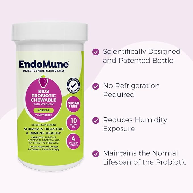 Endomune Jr Advanced Kids Probiotic and Prebiotic Chewables -10 Billion CFUs - 4 Strains Bacteria and FOS Prebiotic - Physician Formulated - 30 Chewable Tablets