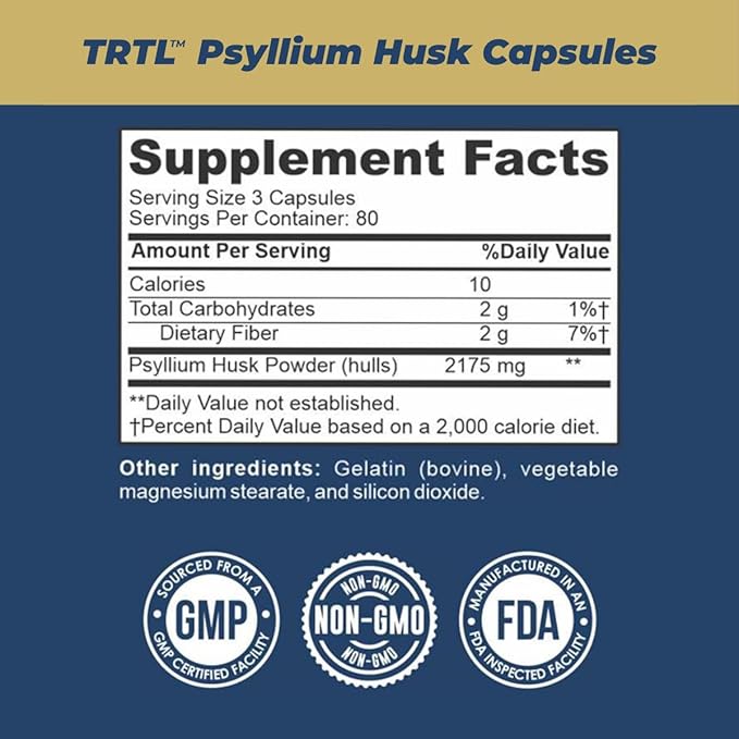 TRTL Psyllium Husk Capsules – 240ct | Fiber Supplement for Gut Health Support &amp Digestive Regularity | Packaged &amp Tested in USA Non-GMO | 2.2g Fiber per Serving