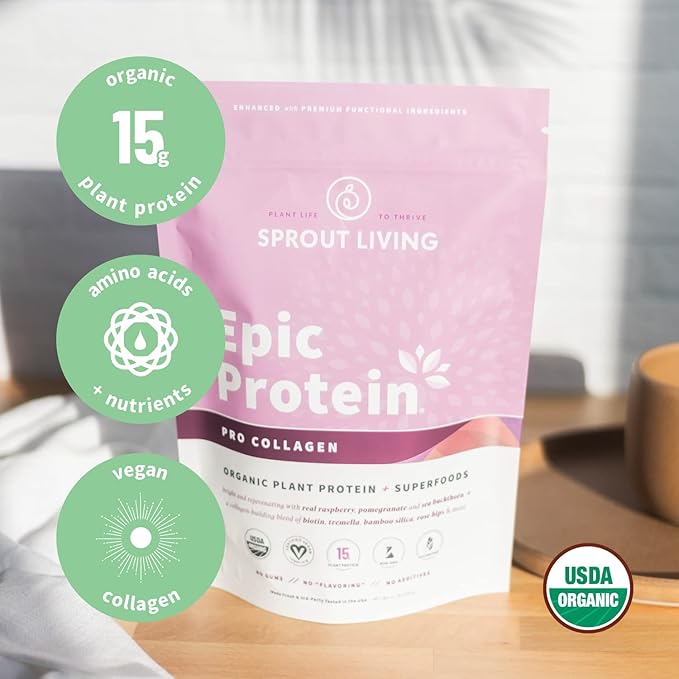 Sprout Living Epic Protein Plant Based Protein &amp Superfoods Powder Pro Collagen Berry | 15 Grams Organic Protein Powder Vegan Non Dairy Non-GMO Gluten Free Low Sugar (0.7 Pound 12 Serving