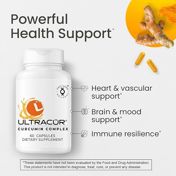Ultracur Curcumin Complex Supplement - Ultra Bioavailable High Absorption Turmeric Curcumin Supplement for Joint Muscle &amp Brain Support - Patented Protisorb for Premium Absorption – 60 Capsules