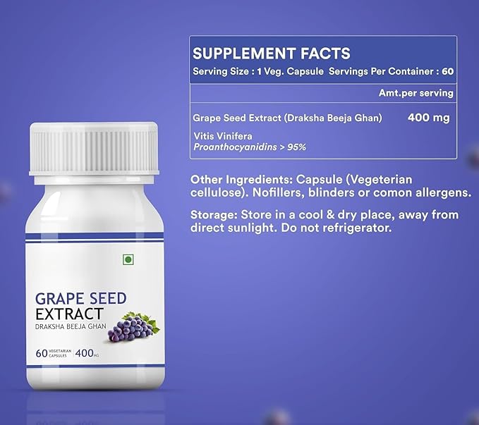 Grape Seed Extract (Proanthocyanidins &gt 95%) | 400 mg 60 Veg Capsules | Antioxidant Supplement Strengthens Immunity Promotes Healthy Skin and Hair