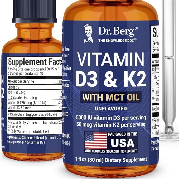 Dr. Berg Maximum Strength Vitamin D3 K2 Liquid Drops with MCT Oil – 5000 IU Liquid Vitamin D3 with K2 – Supports Strong Bones Heart Energy Immunity and Overall Vitality* - Unflavored 1 Fl Oz