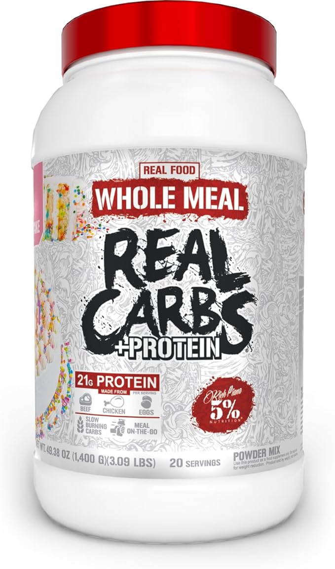 5% Nutrition Rich Piana Real Carbs + Protein | Clean Mass Gainer Meal Replacement Protein Powder | Carbohydrate for Pre Workout/Post-Workout Recovery Meal | 3 lb 20 Srvgs (Birthday Cake + Protein)
