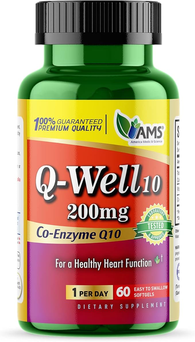 America Medic &amp Science Q-Well-10 (60 Count) | CoQ10 200mg Softgels | Nutritional Supplement with Coenzyme Q10 and Vitamin E | High Absorption Antioxidant for Enhanced Wellness and Heart Health