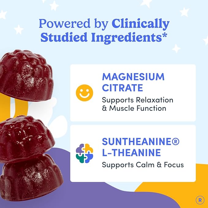 FIRST DAY Magnesium for Kids Gummies – Calm Kids Magnesium Citrate Gummies to Support Sleep &amp Relaxation – Bedtime Supplement with Suntheanine® L-Theanine NO Melatonin - Strawberry - 30-Day Suppl