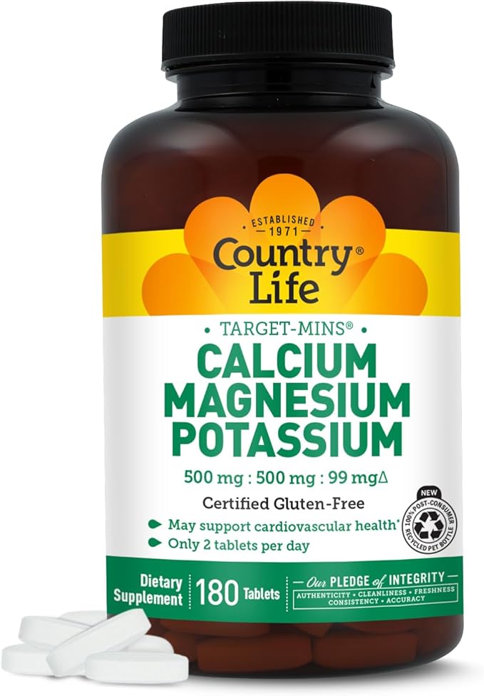 Country Life Target Mins - Calcium Magnesium Potassium Bone &amp Heart Health Supplement 1000mg Calcium 500mg Magnesium Supports Calcium Utilization 180 Tablets – Certified Gluten Free &amp Vega