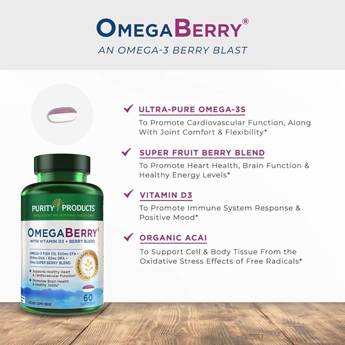 Purity Products OmegaBerry Fish Oil with Vitamin D3 and Organic Acai - 1250mg Concentrated Molecularly Distilled Ultra Pure Omega-3 Fish Oil 500mg DHA + 650mg EPA - 60 Soft Gels - 30 Day Supply from