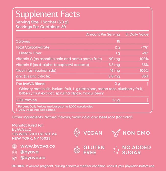 byAVA Jelloskin Skin + Gut Essential Prebiotic Booster Powder | L-Glutamine 1500mg Vitamin C Zinc Niacinamide | 30 Servings | Glowing Skin Gut Health Support | Antioxidants Camu Camu &amp Spiruli