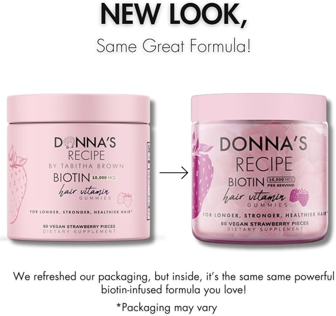 Donna's Recipe by Tabitha Brown | Vegan Strawberry Biotin Hair Skin &amp Nails Gummies – 10000 mcg Biotin Clean Non-GMO Gluten-Free 60 Gummies