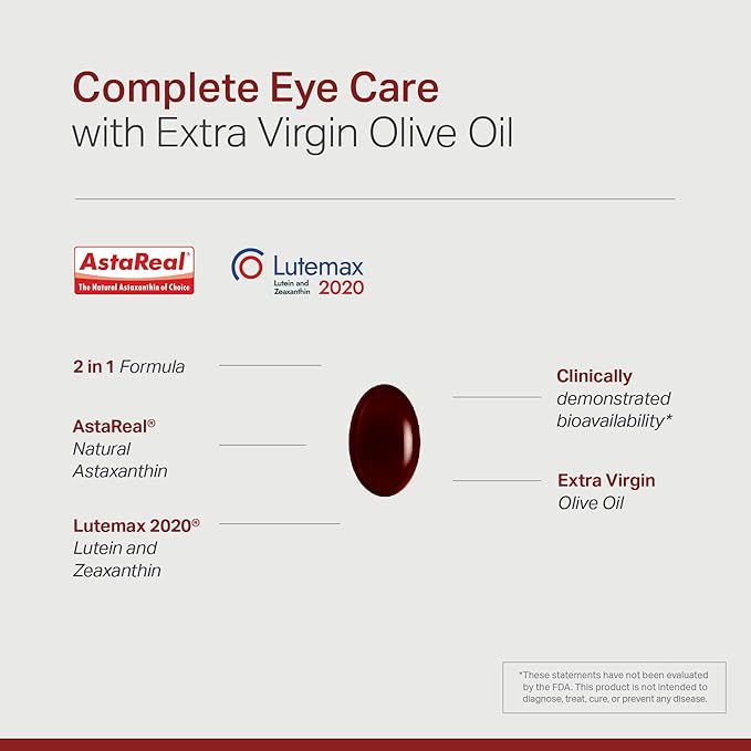 Lutein Astaxanthin Zeaxanthin Eye Health Support Supplement 2 in 1 Antioxidant Formula with Lutemax and AstaReal with Extra Virgin Olive Oil 30 Softgels