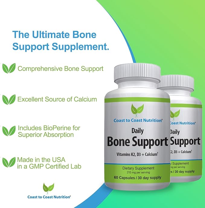 Daily Bone Support: Calcium Supplement with Vitamin D3 K2 - Supplement for Bones – Ideal for Older Adults Postmenopausal Women Athletes - 60 Vegetarian Capsules