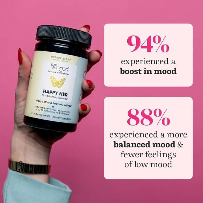 Winged Wellness Happy Her - Mood Support Gummies - Contains Saffr’ Activ Saffron Extract 5-HTP L-Tyrosine Lion's Mane Lemon Balm and Chaste Tree - Vegan Gummy Cherry Flavored - 3 Pack 126 Count