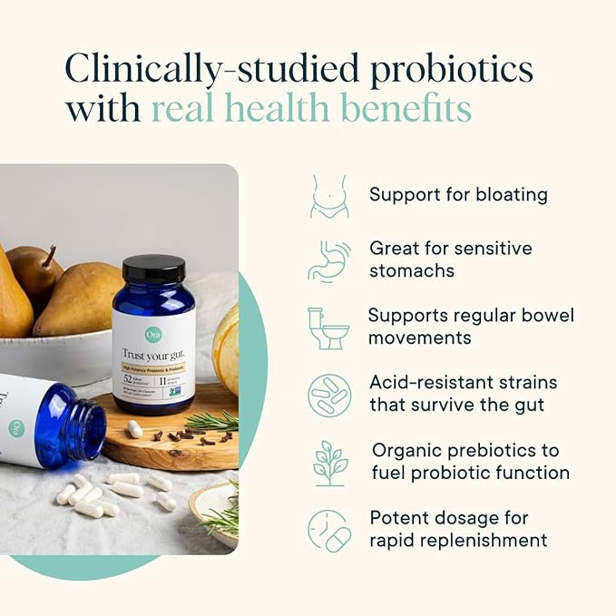 Ora Organic Probiotics with Prebiotics - 52 Billion CFU 11 Clinically Studied Strains for Digestive Health Trust Your Gut Gluten Free 60 Capsules