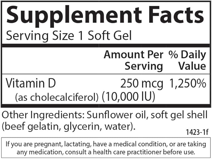 Carlson Vitamin D3 10000 IU (250 mcg) Cholecalciferol Bone &amp Immune Health 360 Soft Gels