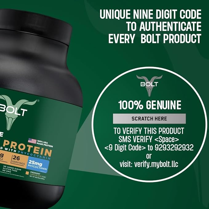 Bolt Biozyme Plant Protein | Vegan Protein with Superfood Phycocyanin and Ayurvedic Herbs | Complete Amino Acid Profile for Muscle Support and Recovery | 2Lb/32oz 26 Servings | Piedmont Chocolate
