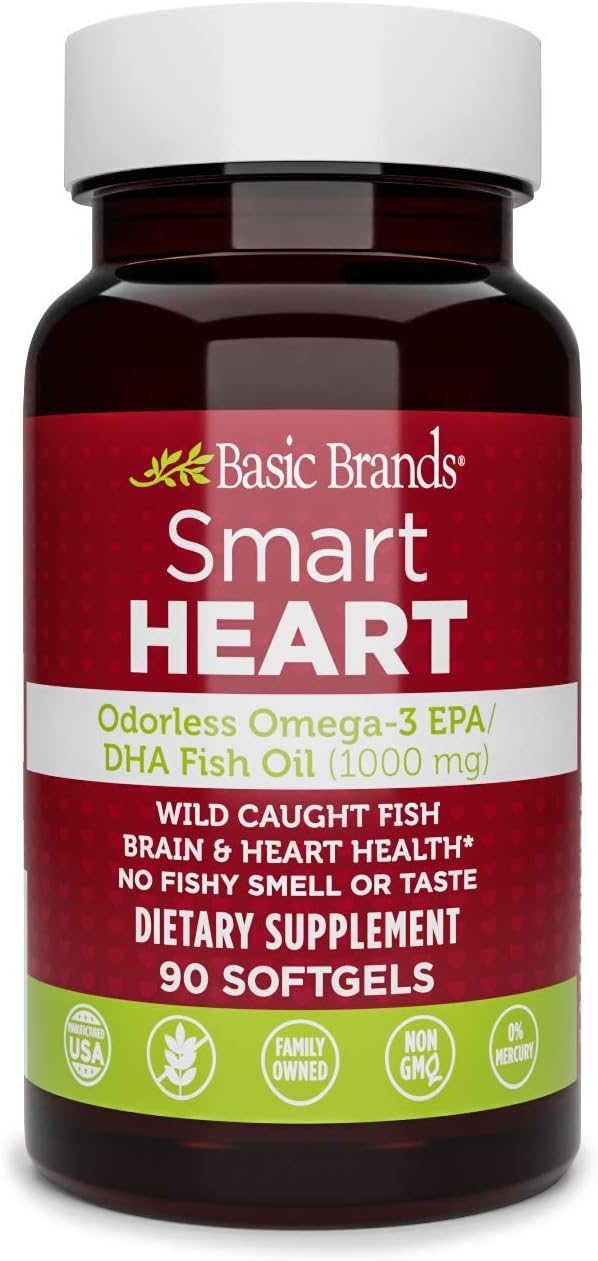 Basic Brands Smart Heart Odorless Omega-3 Fish Oil 1000mg - Triple Strength EPA &amp DHA Non-GMO Heart &amp Cognitive Support - 90 Burpless Softgels - 2-Pack