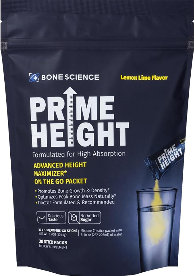BONE SCIENCE Prime Height Multivitamin Powder for Kids &amp Teens Bone &amp Immune Support Sugar-Free Lemon Lime Flavor 16 Key Nutrients Easy Drink Mix 30 Sticks
