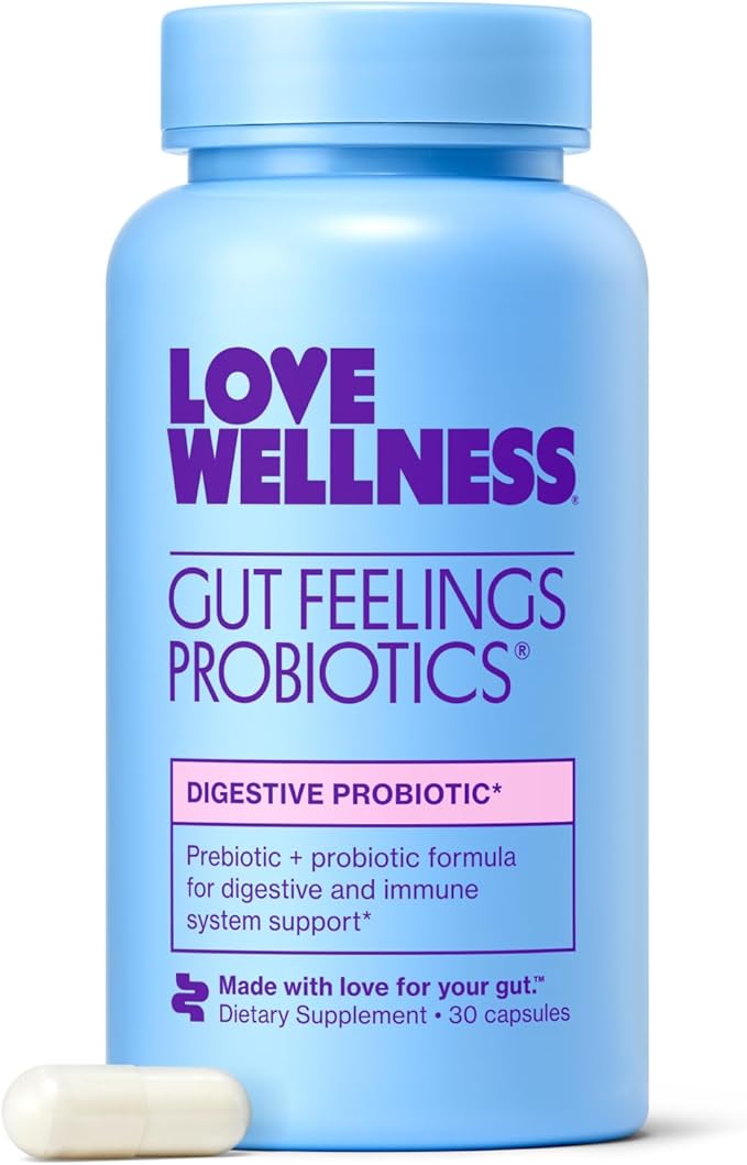 Love Wellness Gut Feelings Probiotic | Gut Health for Women Digestion Relief &amp Immune Support Supplement | Womens Probiotic for Gas Relief | 3 Billion CFU | Safe Prebiotic and Postbiotic | 30 Cou