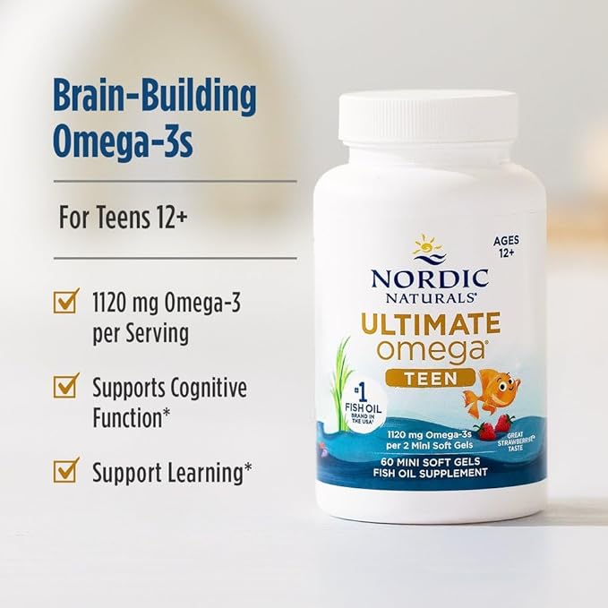 Nordic Naturals Ultimate Omega 2X Teen Strawberry - 60 Mini Soft Gels - 1120 mg Total Omega-3s with EPA &amp DHA - Brain Health Positive Mood Social Development Learning - Non-GMO - 30 Servings