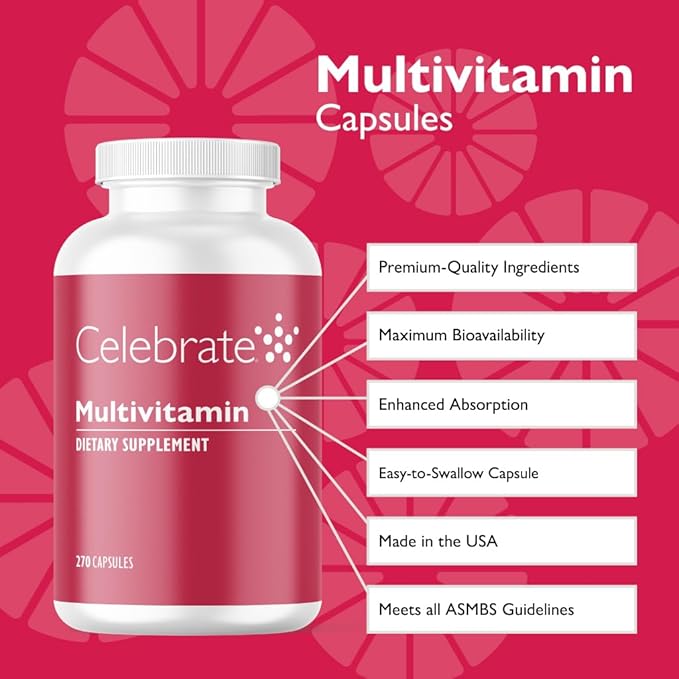 Celebrate Vitamins Bariatric Multivitamin Iron Free - Post Gastric Bypass &amp Sleeve Gastrectomy Supplement for Men &amp Women - Essential Minerals &amp Vitamins A B D &amp E (270 Capsules)