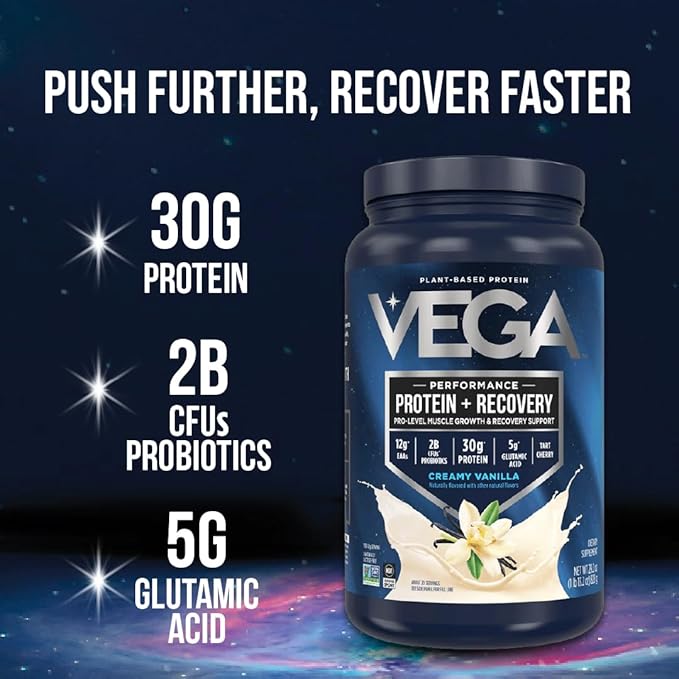 Vega Sport Vegan Protein Powder + Recovery - 30g Plant Based Protein Chocolate 45 Servings 5g BCAAs Probiotics NSF Certified for Shakes &amp Smoothies 4.4lbs (Packaging May Vary) (Pack of 6)