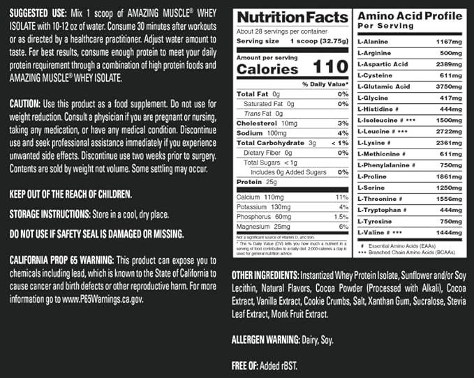 Amazing Muscle Whey Protein Isolate Powder | 25 Grams Protein Per Serving | 100% Whey Isolate | Zero Fat | Made in USA (2 LB Cookies &amp Cream)