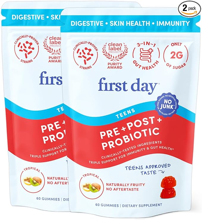 FIRST DAY Teens’ Gut Sustainer Tribiotic Gummies – 3-in-1 Prebiotic Probiotic &amp Postbiotic Supplement – Supports Digestive Skin Oral &amp Immune Health Nutrient Absorption &amp Growth – 60-D