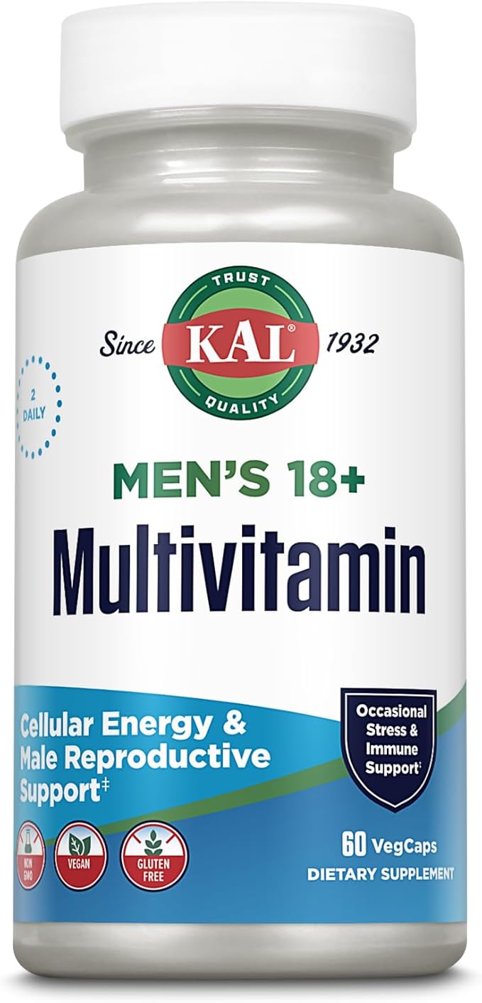 KAL Men’s 18 Plus Multivitamin - 30 Essential Vitamins and Minerals - Vitamin D Vitamin C Zinc and More - Male Reproductive and Cellular Energy Support - Vegan Non-GMO - 30 Servings 60 VegCaps