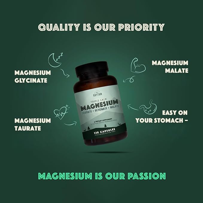 Natural Rhythm Triple Calm Magnesium Complex - 120 Capsules Chelated Magnesium Glycinate Taurate &amp Malate High Absorption Supplement for Sleep Stress Muscle &amp Heart Support Non-GMO Vega